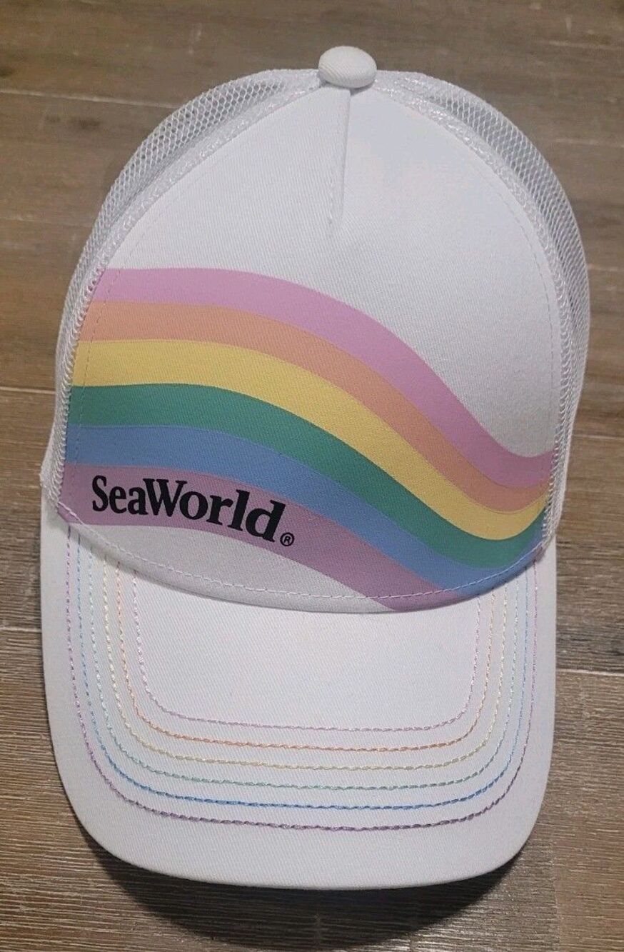 SeaWorld Pastel Rainbow Hat White Cap Snapback Pride